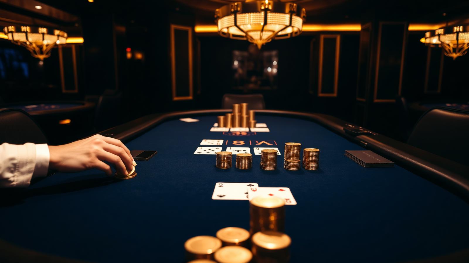 Een groene blackjacktafel met kaarten en fiches